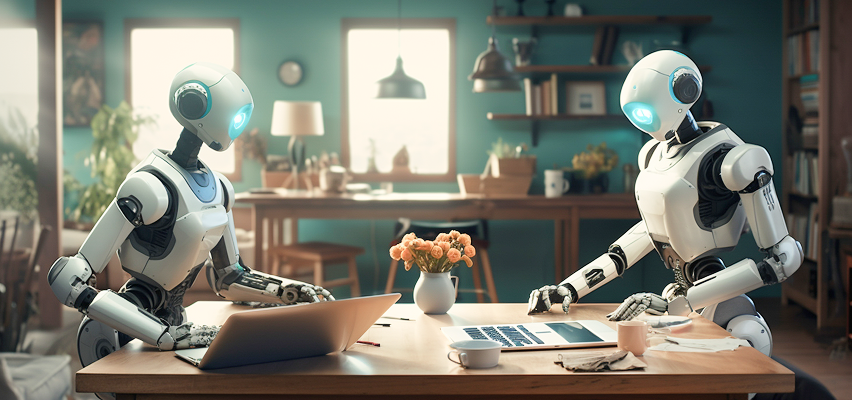 Two robots work at a table with a laptop and papers in a well-lit room. One is typing.