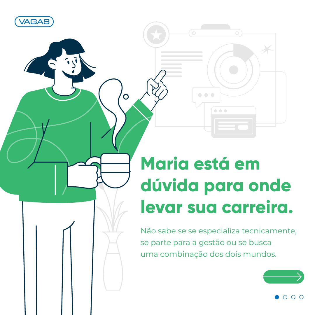 Uma mulher está segurando uma xícara de café e apontando para alguma coisa.