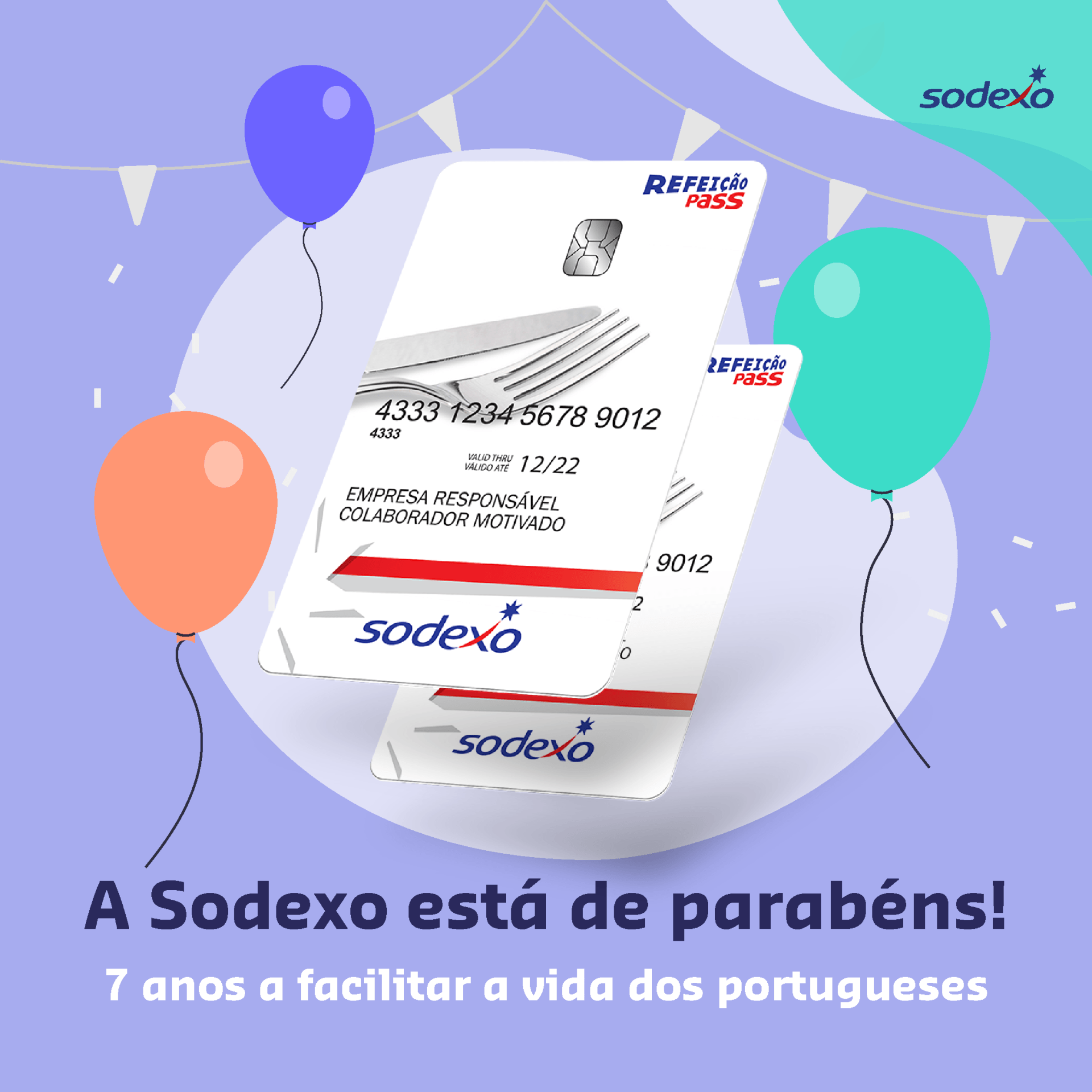 Um cartão sodexo é cercado por balões em um fundo roxo
