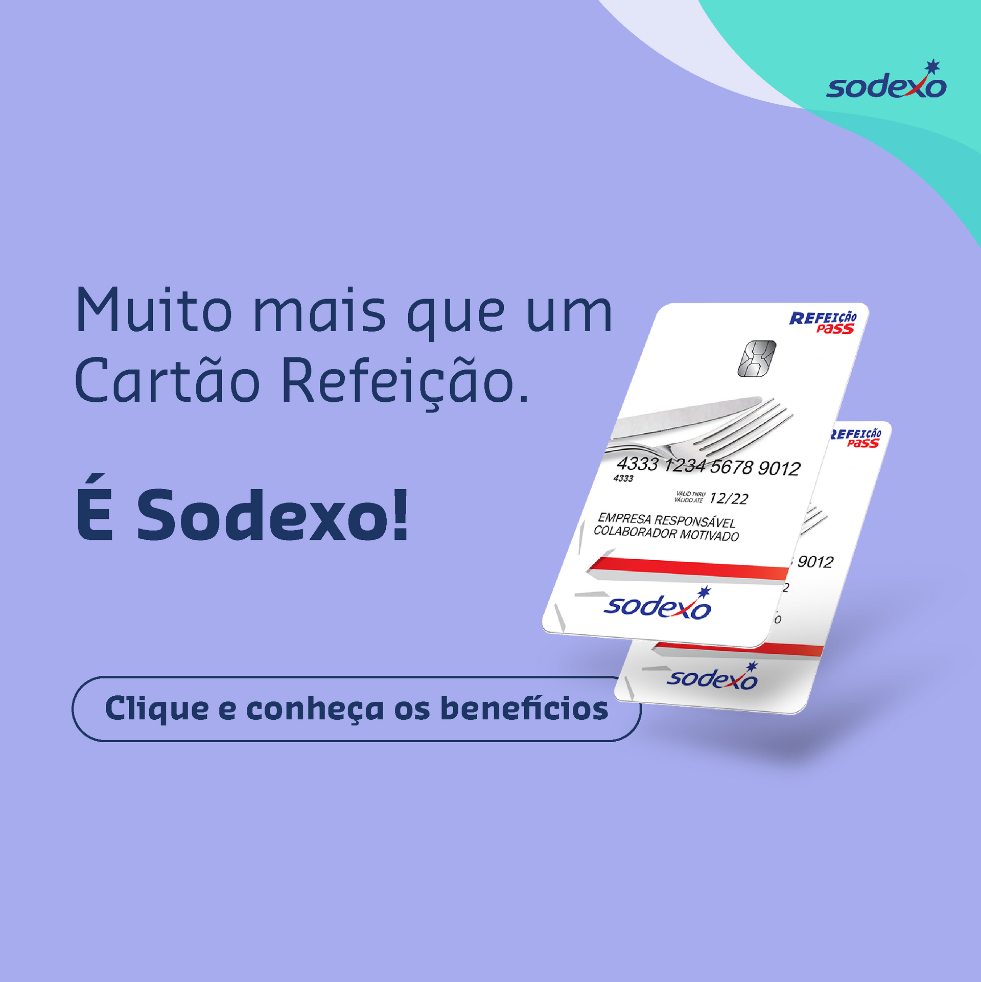 Um cartão de crédito sodexo está flutuando no ar em um fundo roxo.