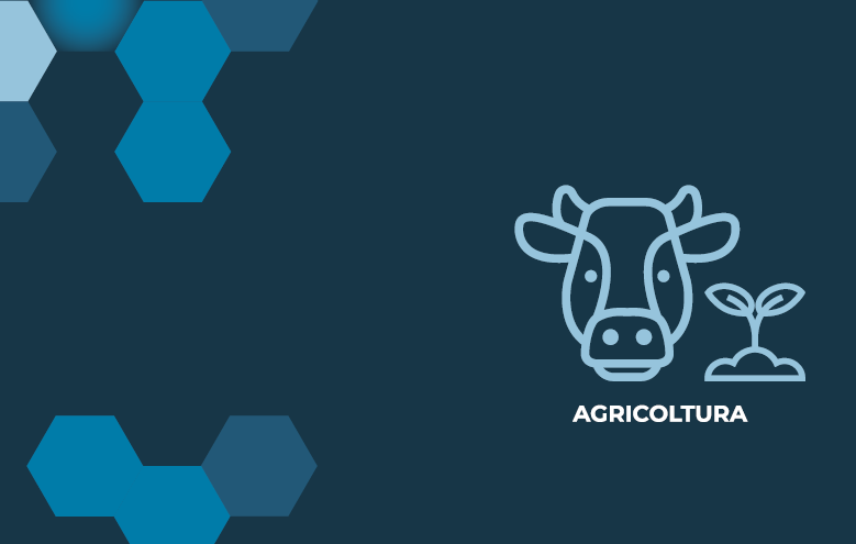 Uno sfondo blu scuro con l'icona di una mucca, un germoglio di pianta e la parola 