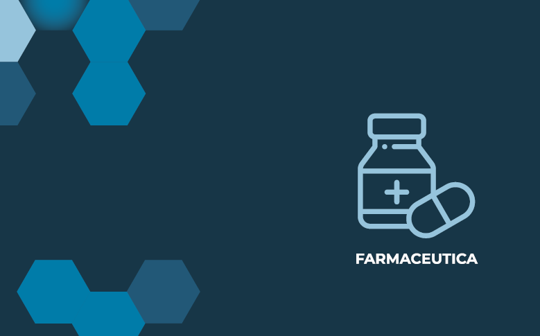 Sfondo blu scuro con icona di flacone e capsula farmaceutica, testo 