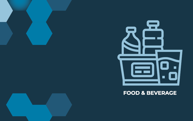 Grafica blu con icone di cibo e bevande, tra cui una bottiglia, un refrigeratore e un bicchiere.