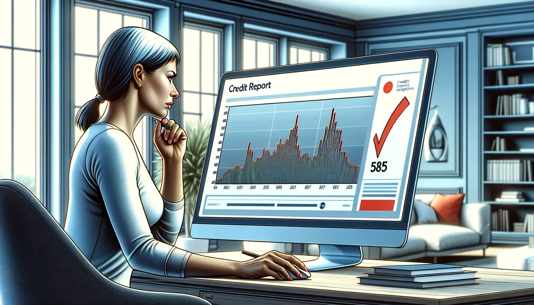 A woman is sitting at a desk looking at a computer screen.