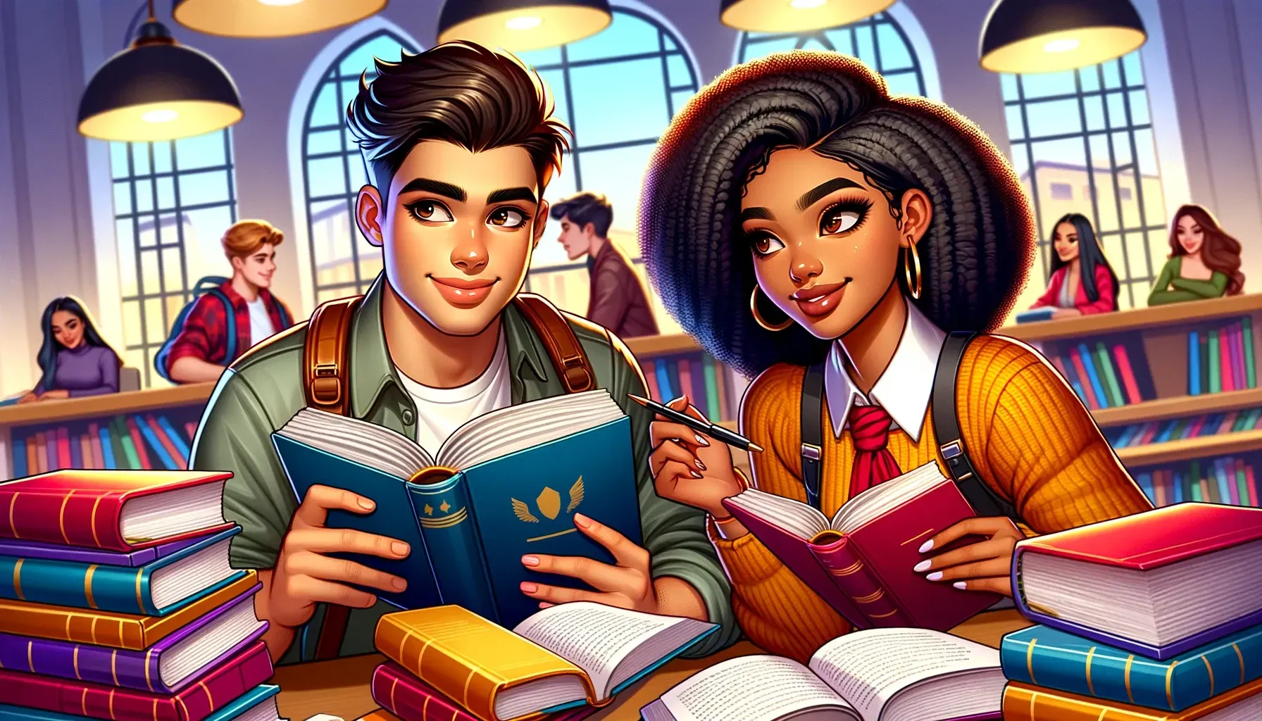 a man and a woman are sitting at a table reading books in a library.