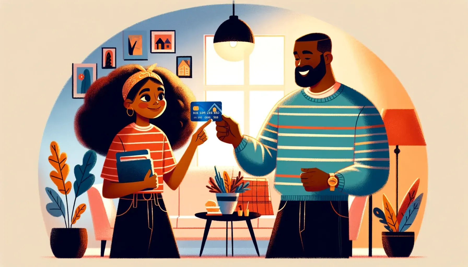 a man is giving a credit card to a girl in a living room .