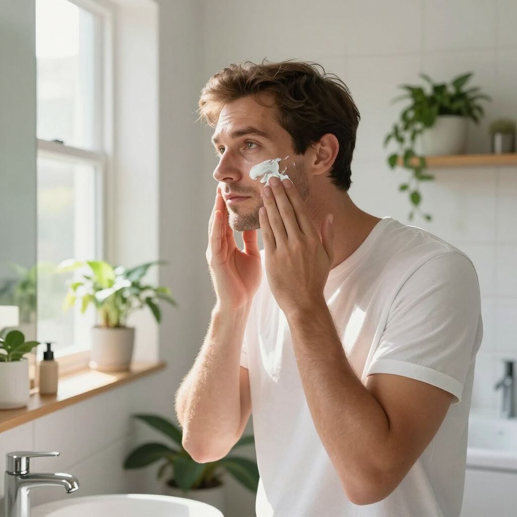Man applying shaving cream in a bright bathroom, plants visible.