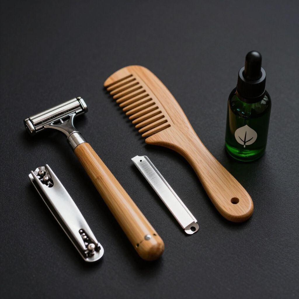 Grooming set on black surface: razor, comb, oil bottle, nail clippers, and blade case.