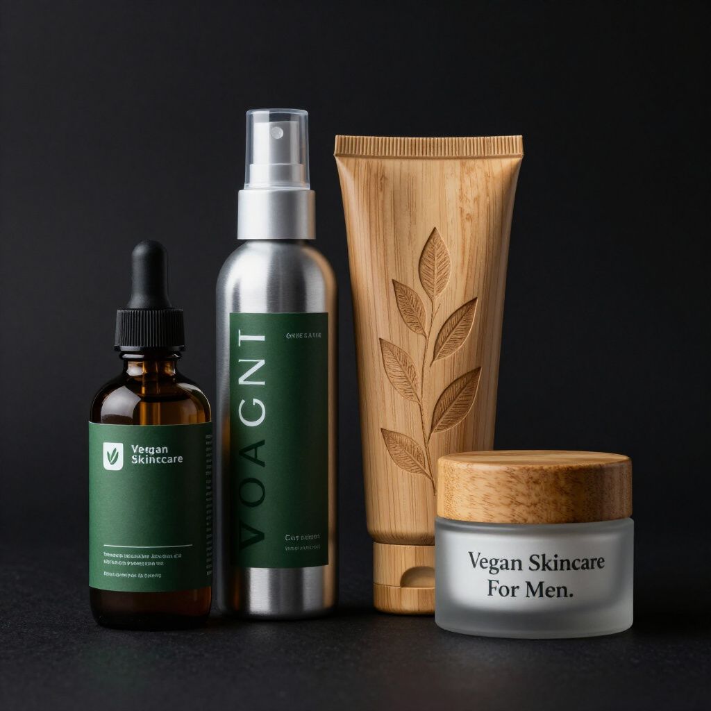 Skincare products: dropper bottle, spray bottle, bamboo tube, and jar; against a black background.