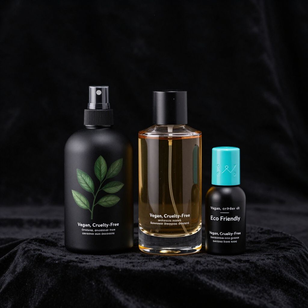 Three perfume bottles on a black velvet cloth. Left: black spray bottle with leaf design. Middle: clear, gold-tinted bottle. Right: small black bottle with teal cap.