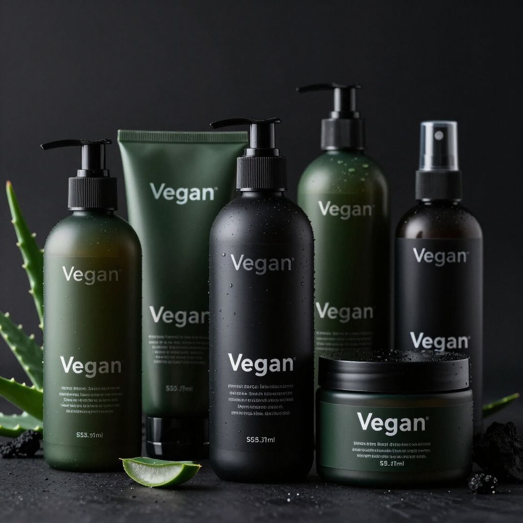 Assortment of vegan skincare products in dark bottles and green tubes against a black background.