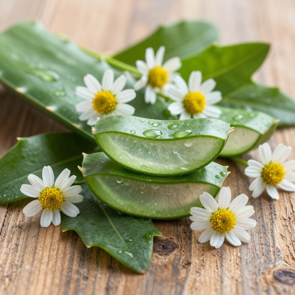 Sliced aloe vera, chamomile flowers, and green leaves on wood surface.