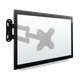 Black TV mounted on a wall with a black articulating arm.