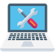 Laptop screen displaying a wrench and screwdriver crossed, representing maintenance or repair.