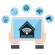 Hands holding a tablet displaying a smart home icon, surrounded by connected devices, in a blue and white illustration.