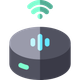 Hands holding a tablet displaying a smart home icon, surrounded by connected devices, in a blue and white illustration.
