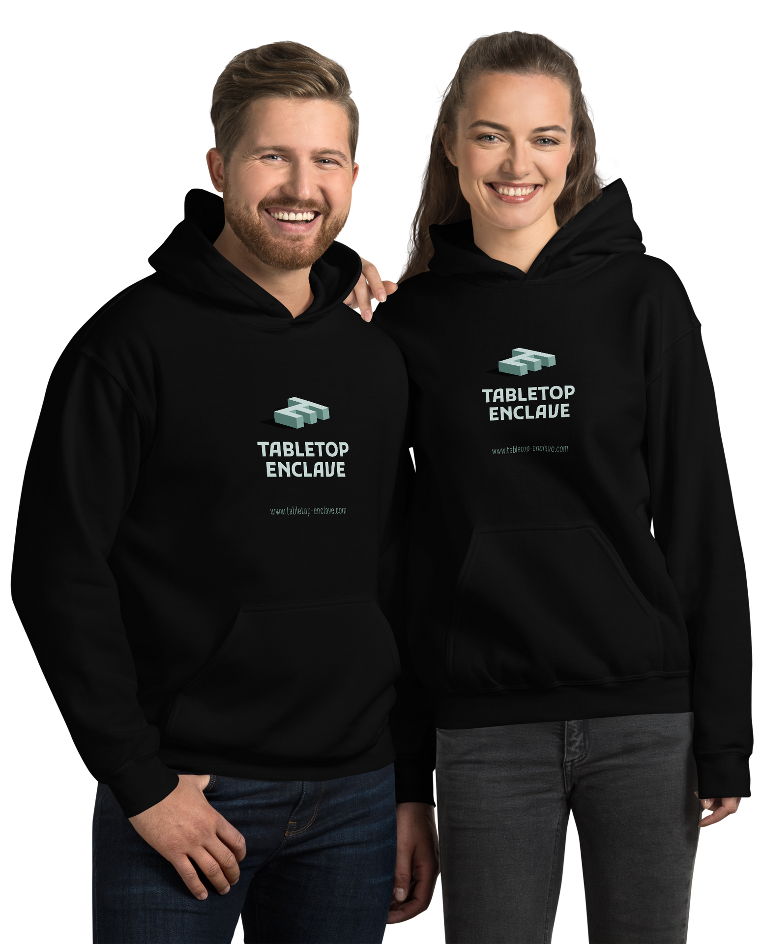 Two apparel models posing for the camera wearing Tabletop Enclave hoodies