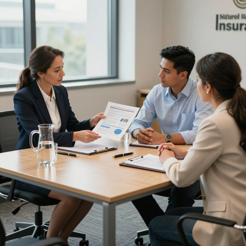 Three professionals sit at a wooden table in an office, reviewing charts and documents during a business meeting.