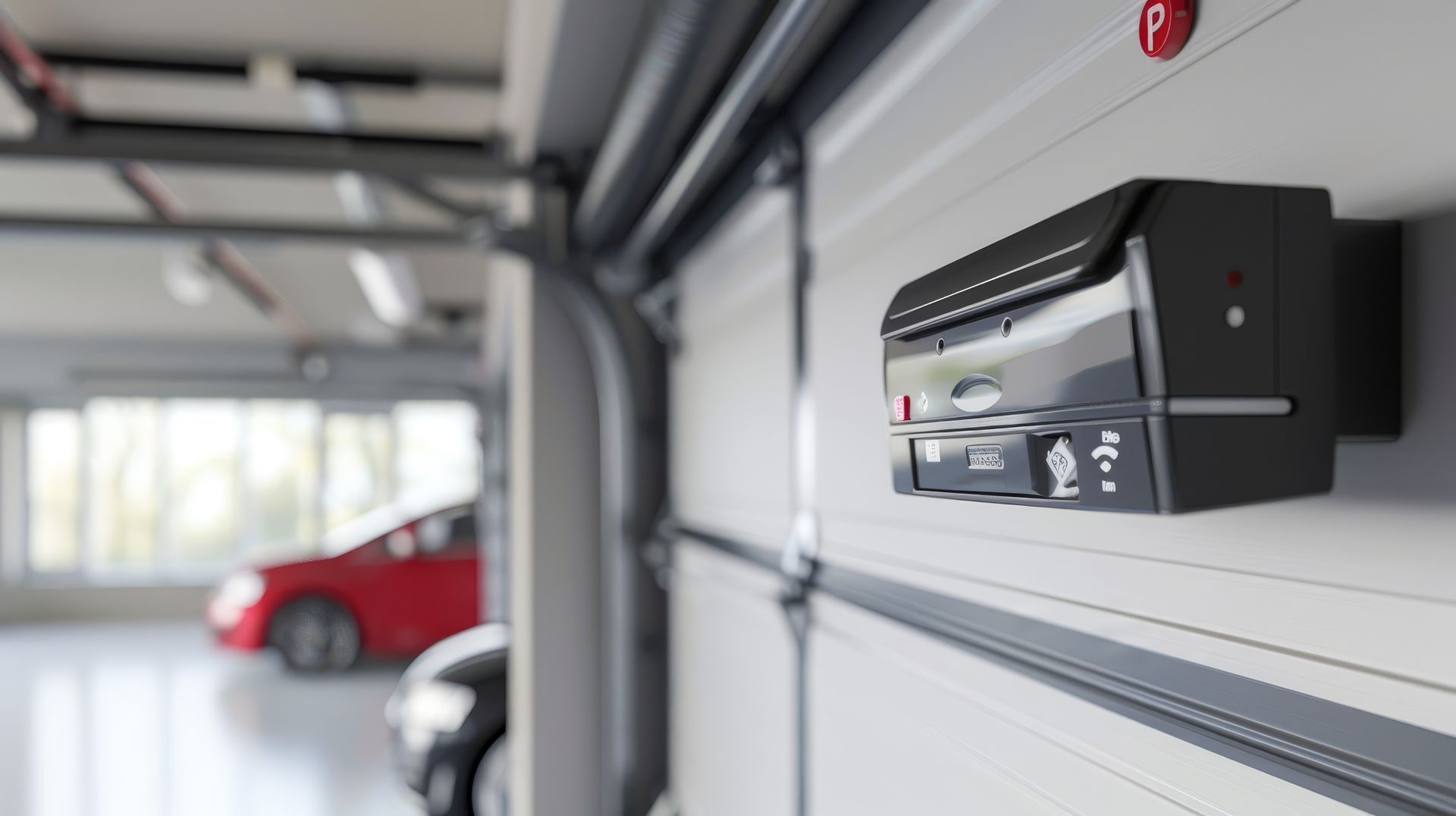 A close up of a garage door opener in a garage with cars parked in the background.