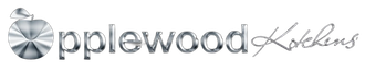 The logo for Applewood Kitchens featuring a silver, metallic apple icon next to stylized, metallic text.