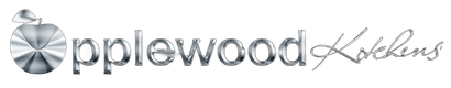 The logo for Applewood Kitchens featuring a silver, metallic apple icon next to stylized, metallic text.