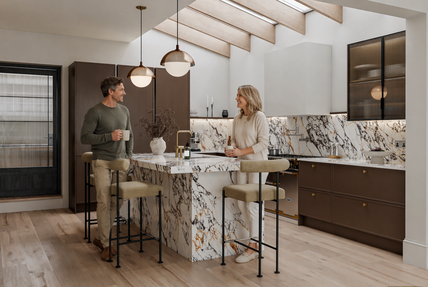 Modern open-plan kitchen and dining area with cream cabinetry, a central island, and a circular wooden dining table.