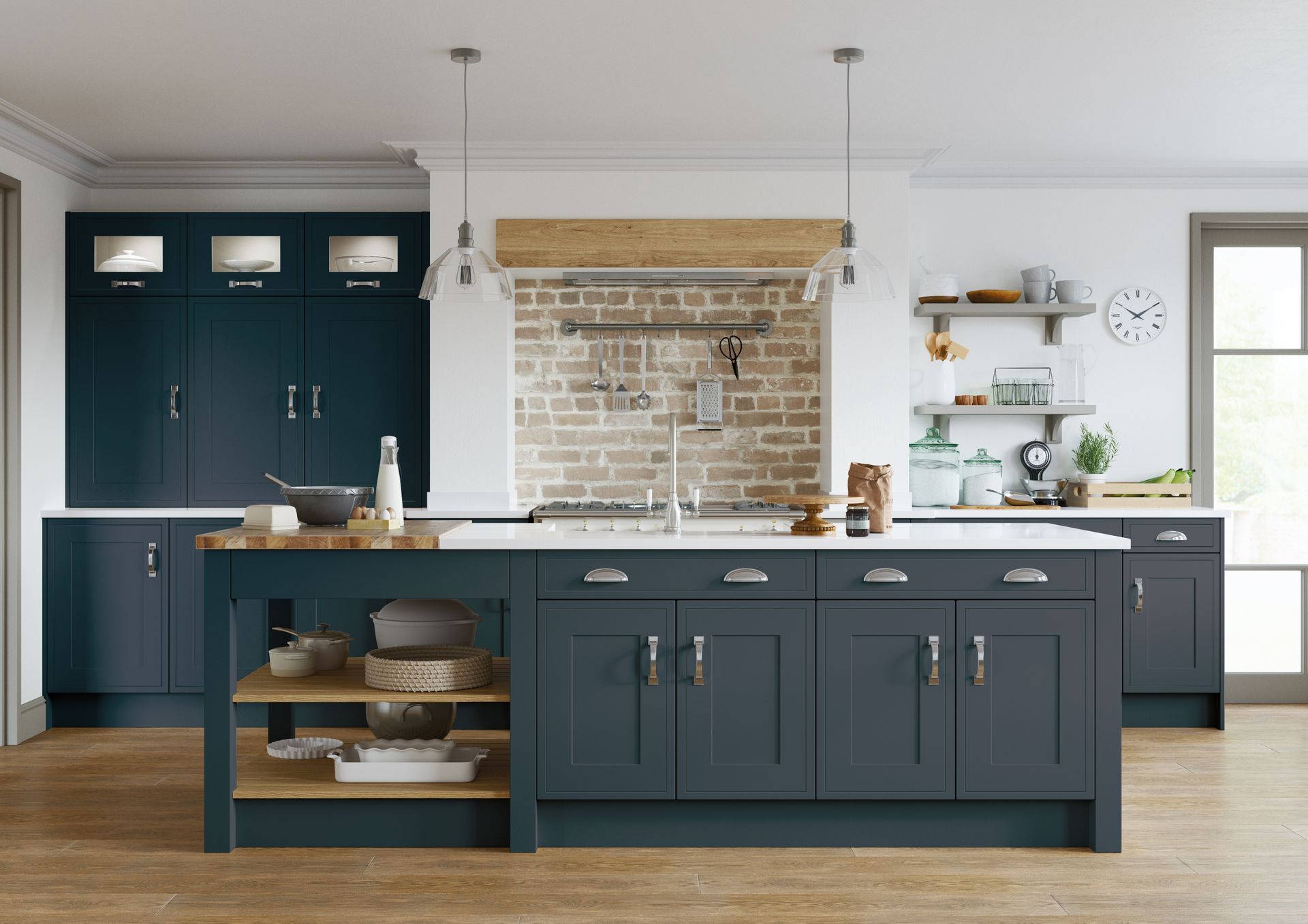 Modern kitchen with dark navy blue cabinets, a wooden island with open shelving, and a brick-patterned backsplash.