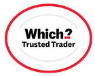 Which? Trusted Trader logo featuring bold black text inside a red oval outline on a light gray background.