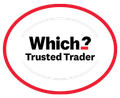The Which? Trusted Trader logo featuring black text inside a red oval.