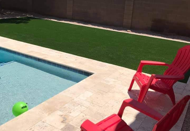 Artificial turf is a safe pool surround because it has a non-slip surface.