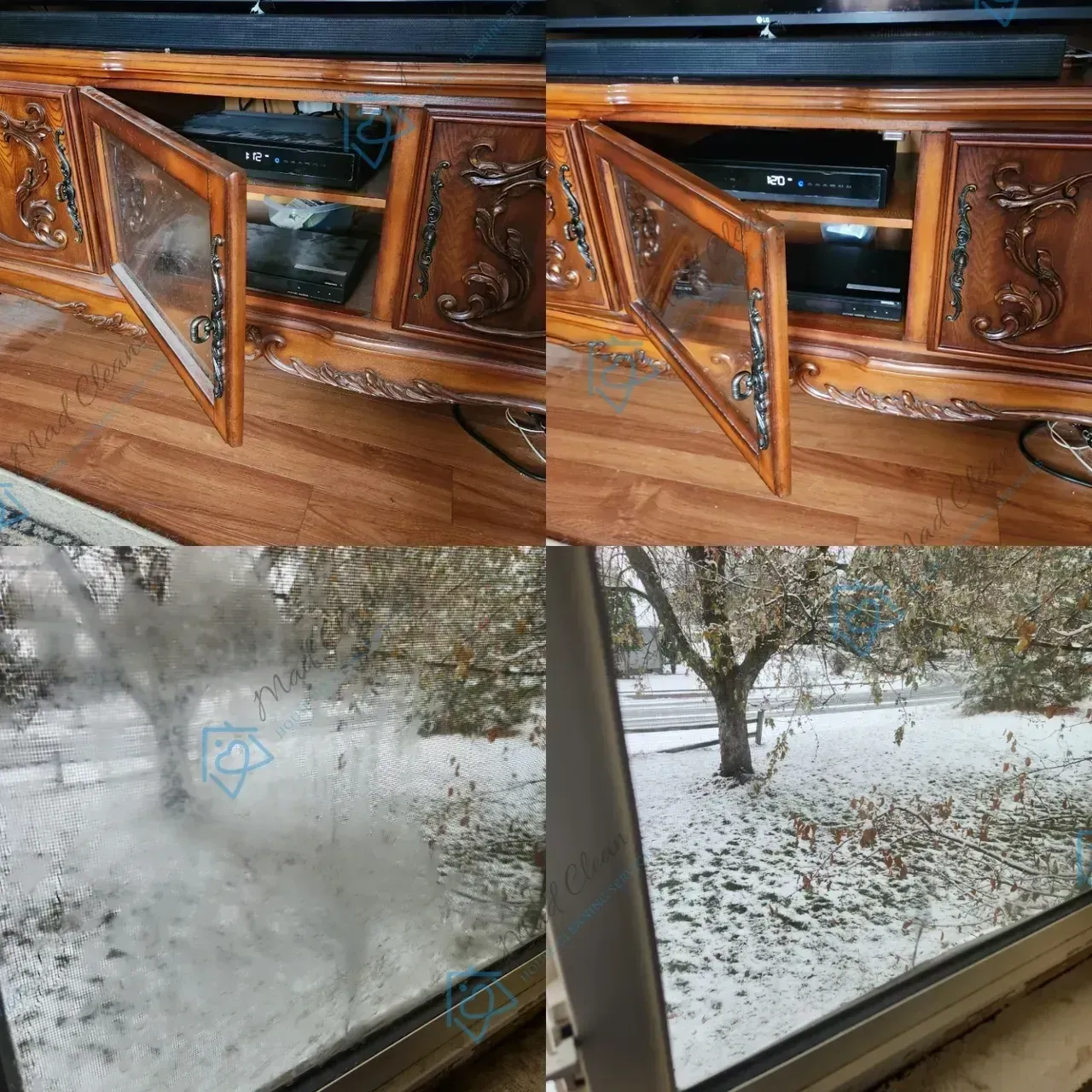 A collage of four pictures of a tv stand and a window