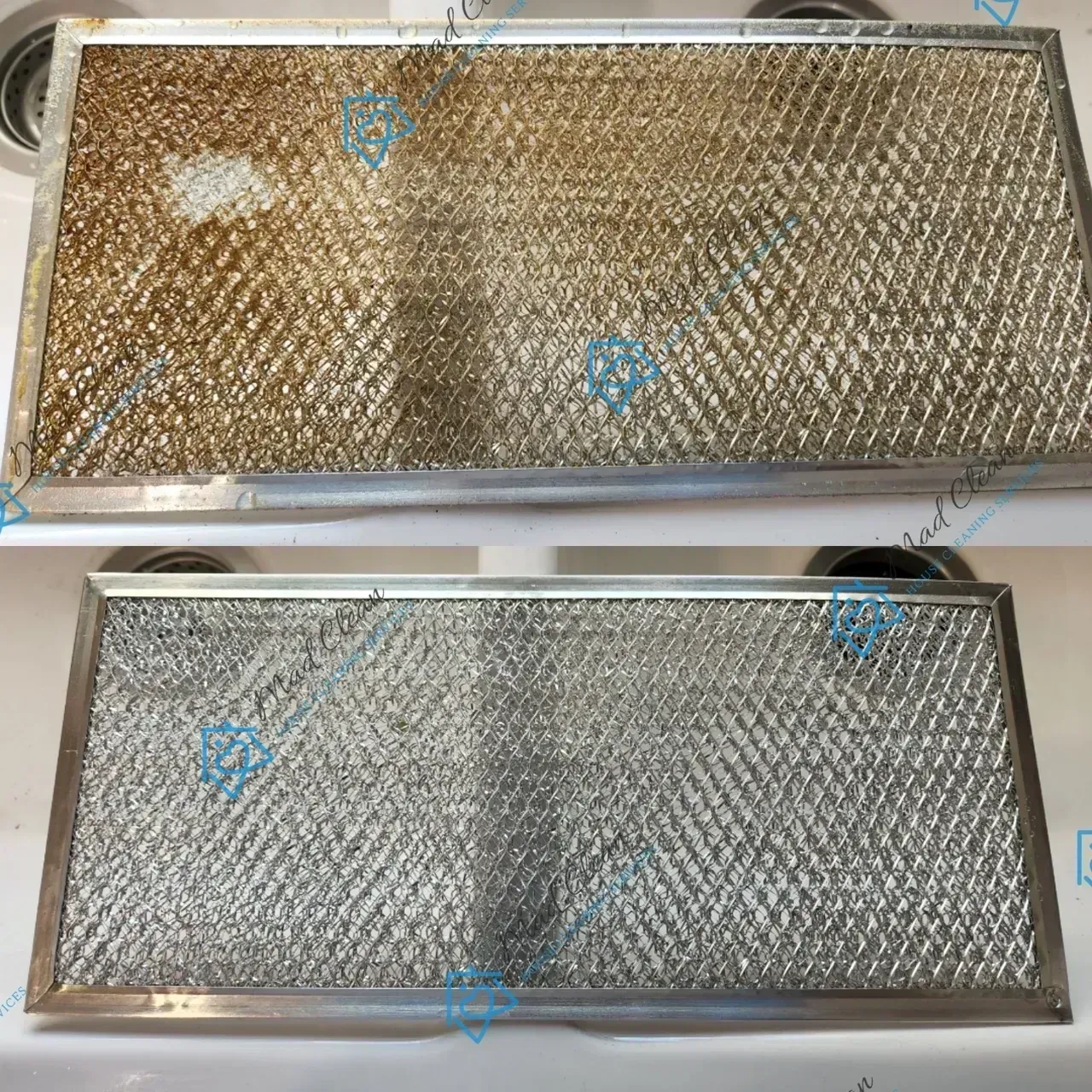 A before and after picture of a dirty filter and a clean filter.