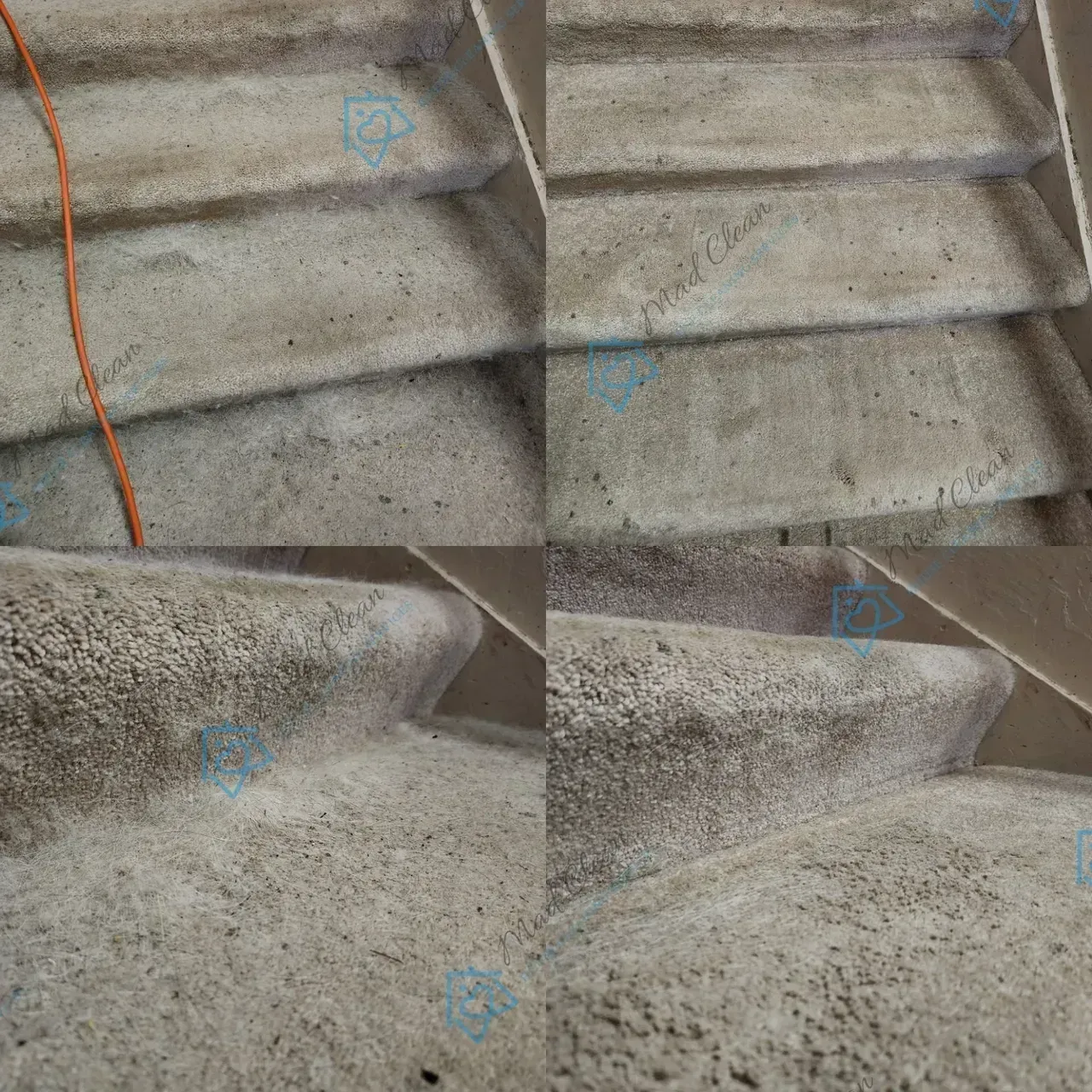 A collage of four pictures of a staircase before and after being cleaned.