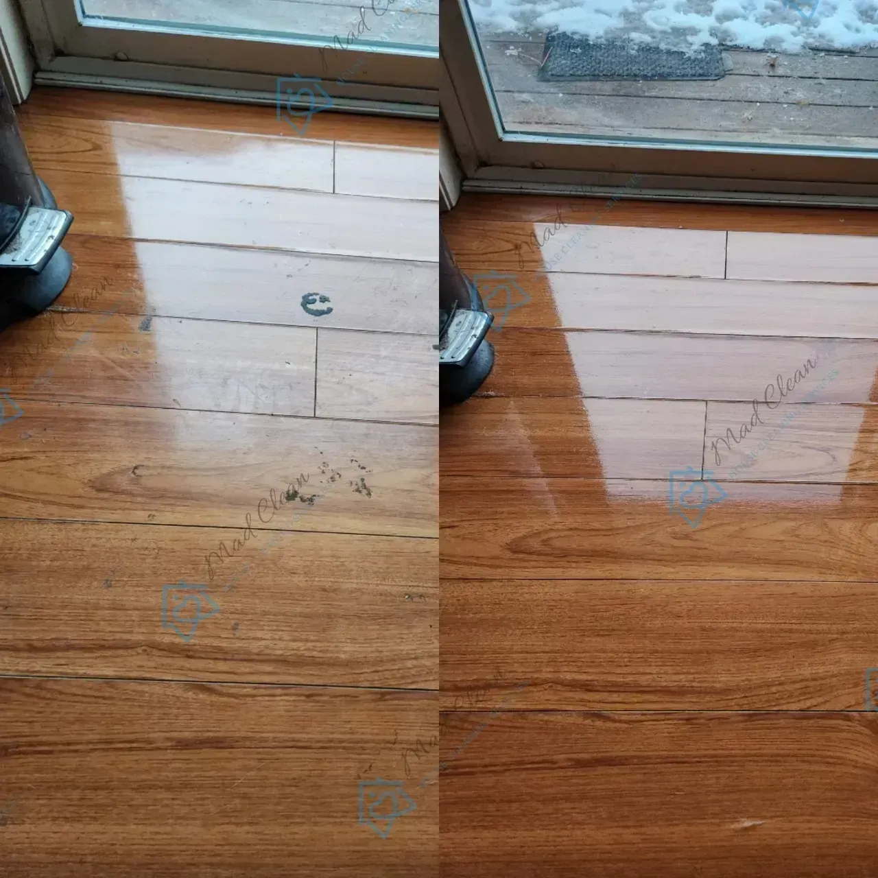 A before and after picture of a wooden floor.