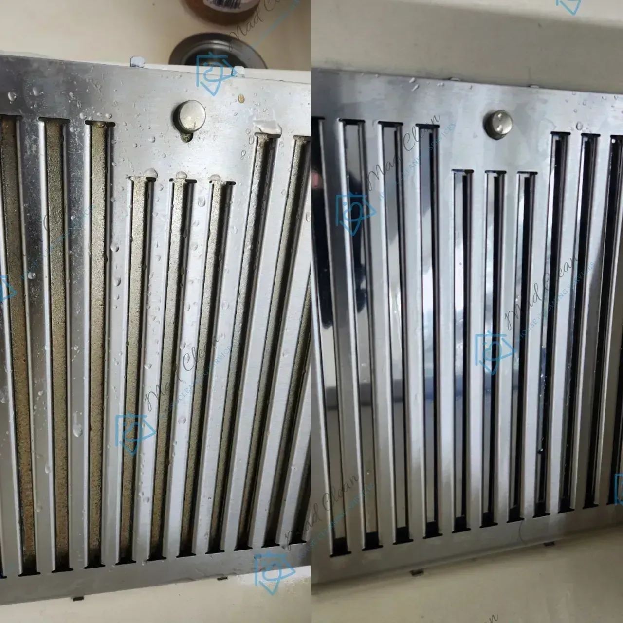 A before and after picture of a stainless steel hood filter