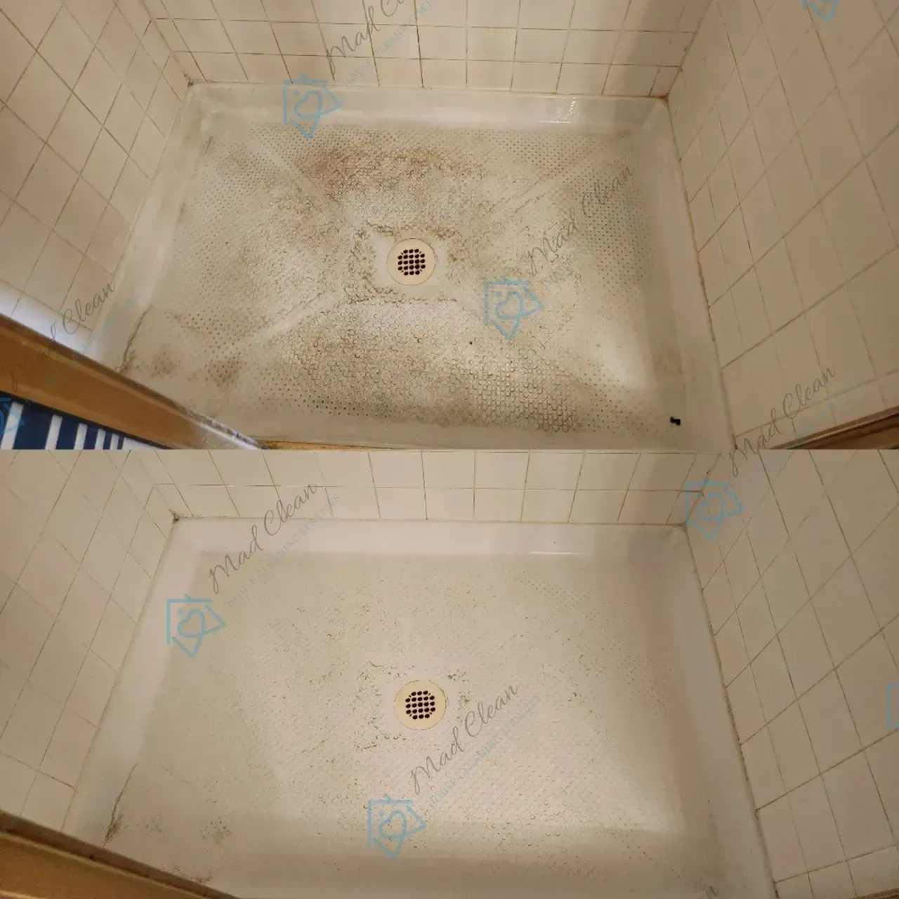 A before and after photo of a dirty shower stall.