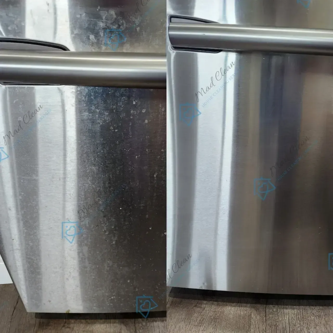 A before and after photo of a stainless steel refrigerator.