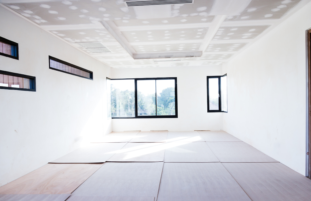 A large empty room with a lot of windows