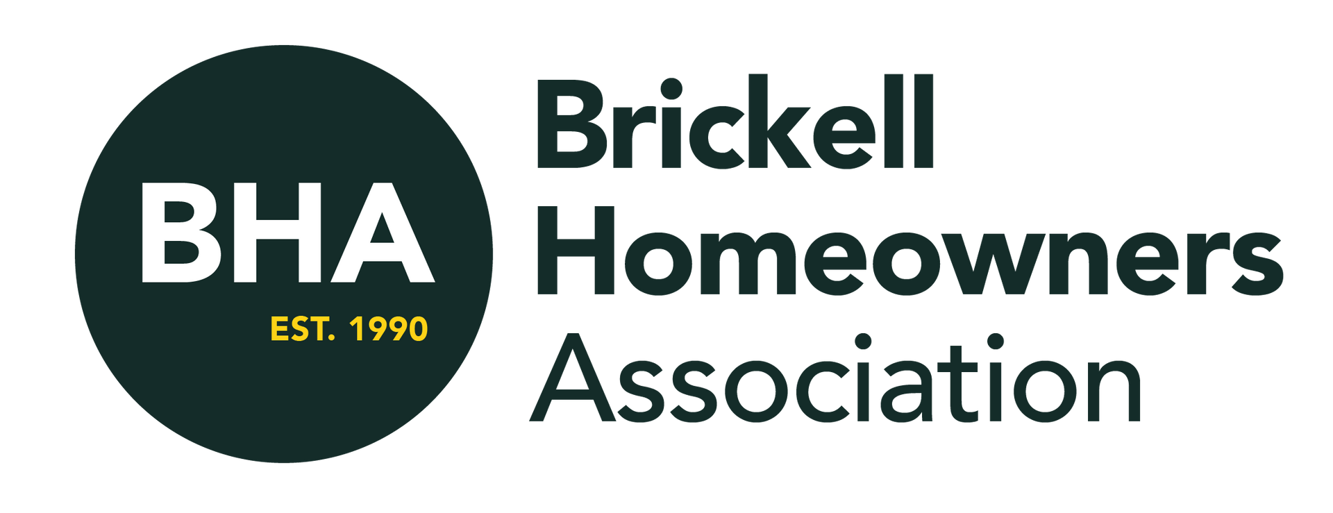 The logo for the brickell homeowners association is black and white.