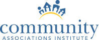 The logo for the community associations institute is blue and yellow.