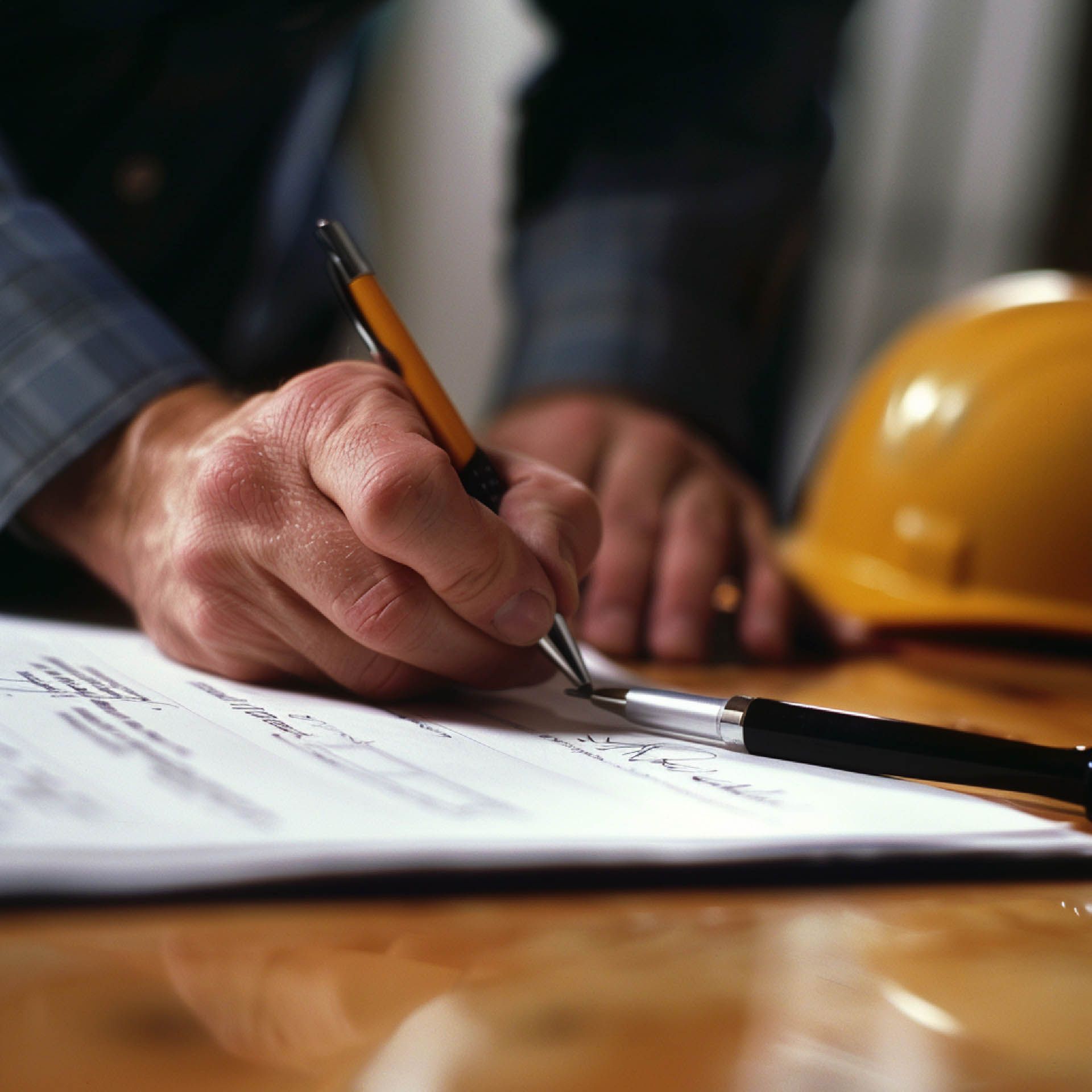 Person writing on paper, yellow hard hat on table.