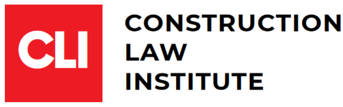 A red and white logo for the construction law institute