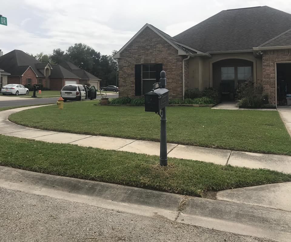 A suburban street scene showing a brick house, a front lawn with a mailbox, a sidewalk, and a fire hydrant.