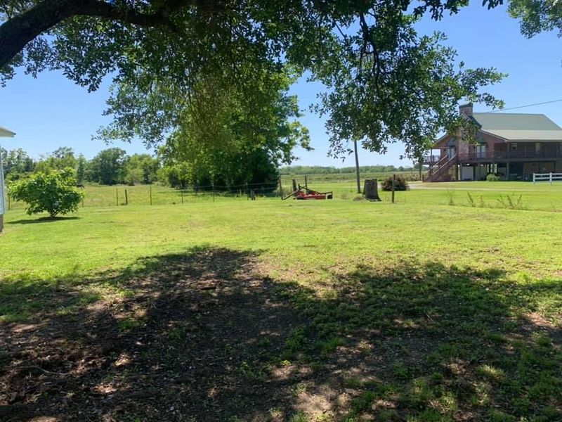 A sunny, grassy field stretches toward a rustic two-story house under a clear blue sky, framed by overhanging tree limbs.