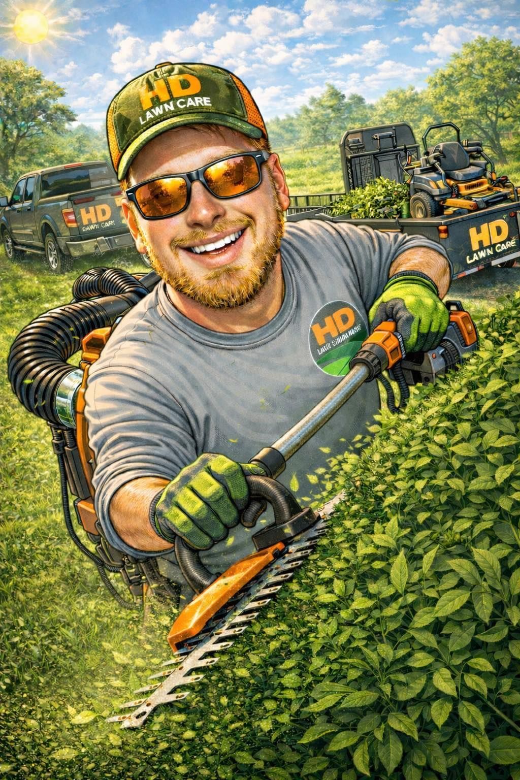 A smiling landscape professional wearing a branded cap, sunglasses, and gloves trims a green hedge with power shears.