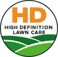 Logo for High Definition Lawn Care featuring large orange "HD" text above the company name over stylized green hills.