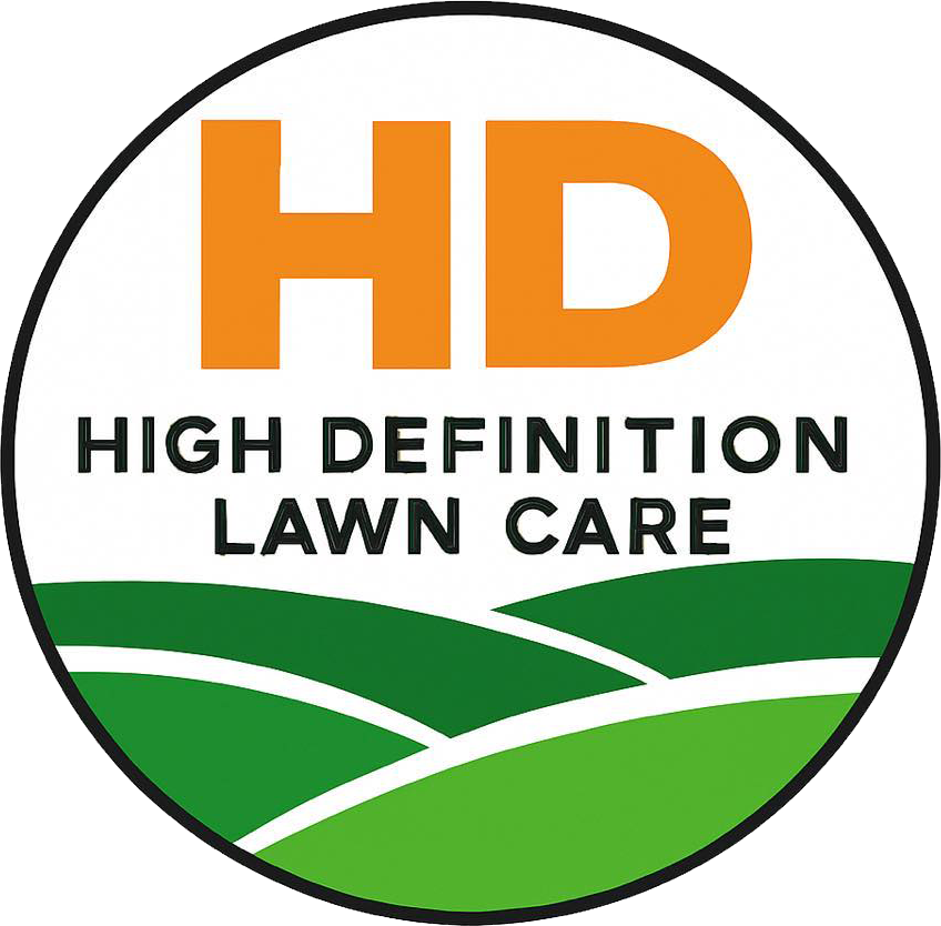 Logo for High Definition Lawn Care featuring large orange "HD" text above the company name over stylized green hills.