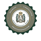 Logo for Aikens Funeral Home: Seal with crown, leaves, and text: dignity, compassion, professionalism.