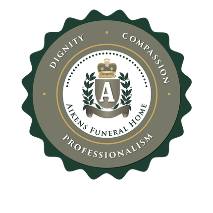 Logo for Aikens Funeral Home: Seal with crown, leaves, and text: dignity, compassion, professionalism.