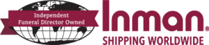 Logo for Inman, a funeral shipping service, with a globe and text 